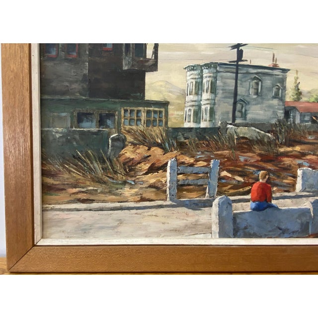 Vintage Stark Cityscape W/ Lone Figure Oil Painting by R. Roberts C.1960 Original oil on canvas Canvas dimensions 40" wide...