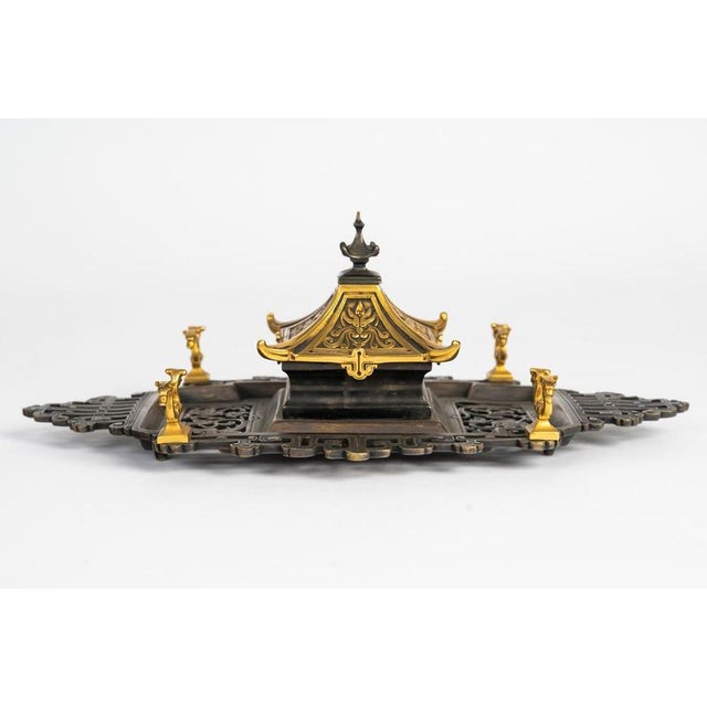 Napoleon III Patinated and Gilded Bronze Inkstand, 1800s For Sale - Image 3 of 9