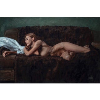 Erica #1 by Dave Seeley | Oil on Canvas on Board Nude woman reclining on a couch. For Sale