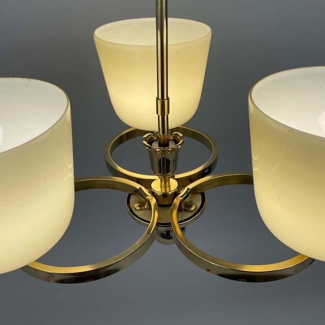 Art Deco Opaline Glass and Brass Chandelier, Germany, 1930s For Sale - Image 6 of 18