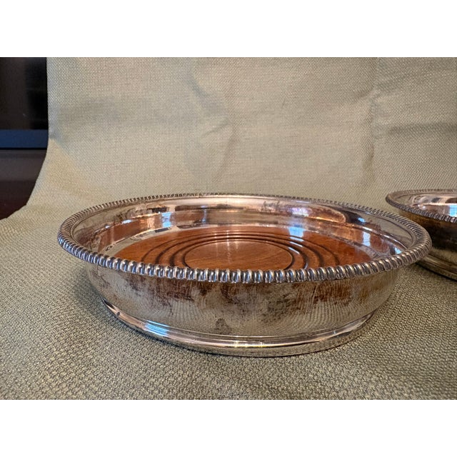 Wood Vintage English Silver Plate & Mahogany Wine Bottle Coasters For Sale - Image 7 of 7