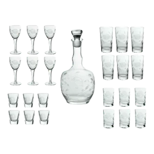 Mid 20th Century Hand Engraved Cut Floral Design Serving Drink Set Glasses With a Decanter - 25 Pieces