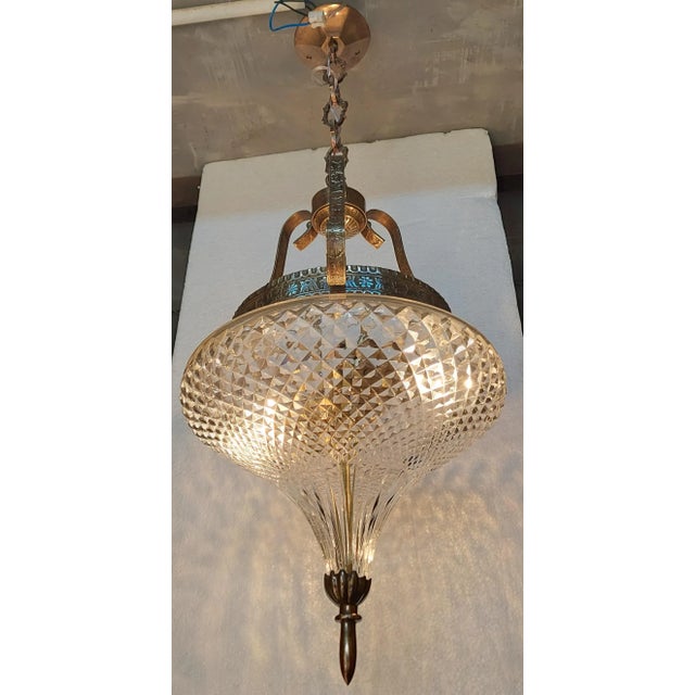 Art Nouveau Vintage 1940s Art Nouveau Ceiling Fixture in Brass & Crystal Cut Glass For Sale - Image 3 of 4