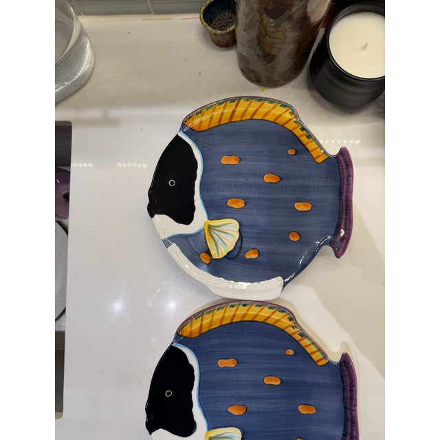 1990s Studio Nova Vintage Hand Painted Fish Plates - Set of 2 For Sale - Image 5 of 6