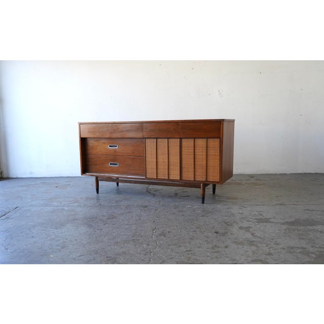 1960s Mid-Century Modern Hooker Walnut & Cane Lowboy Dresser 64” For Sale - Image 12 of 18