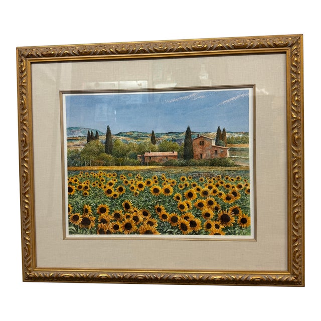 Giles Grimoin Field of Sunflower Watercolor, Signed For Sale