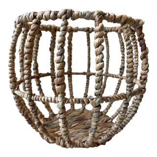 Vintage 1980’s Woven Seagrass Over Rattan & Metal Basket For Sale