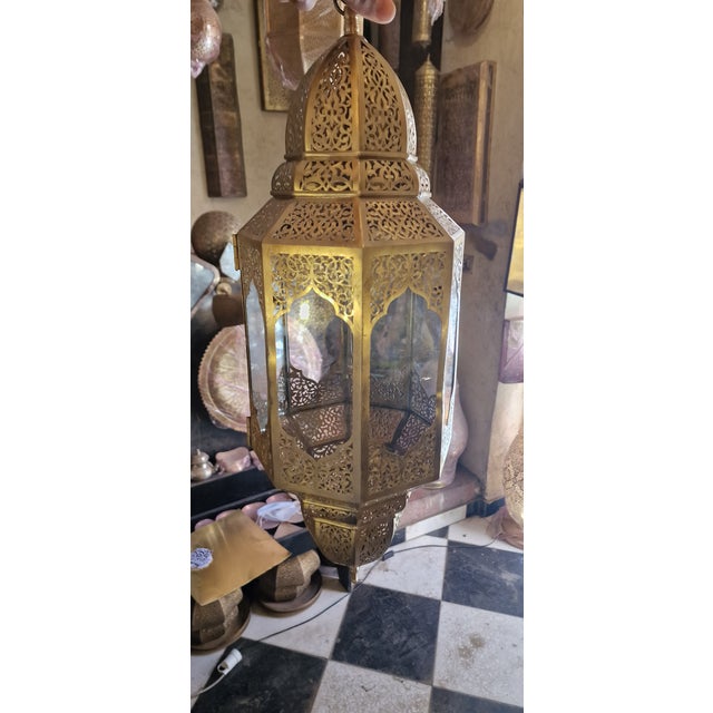 Large Handmade Moroccan Brass Lantern – Marrakech Hanging Pendant Light – Vintage Islamic Chandelier – Boho Home Decor 15inch For Sale - Image 4 of 6