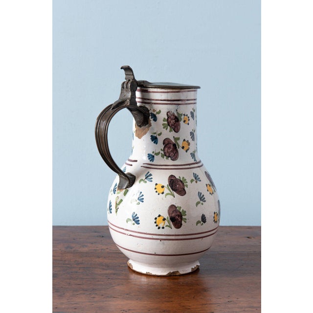 Pewter-Mounted Floral Jug from Brussels Faience, Late 18th Century For Sale - Image 4 of 11