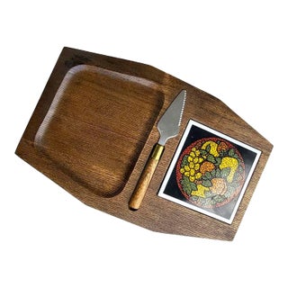 1970s Japanese Wood Cheeseboard With Tile Inlay and Knife, Set of 2 Pieces For Sale