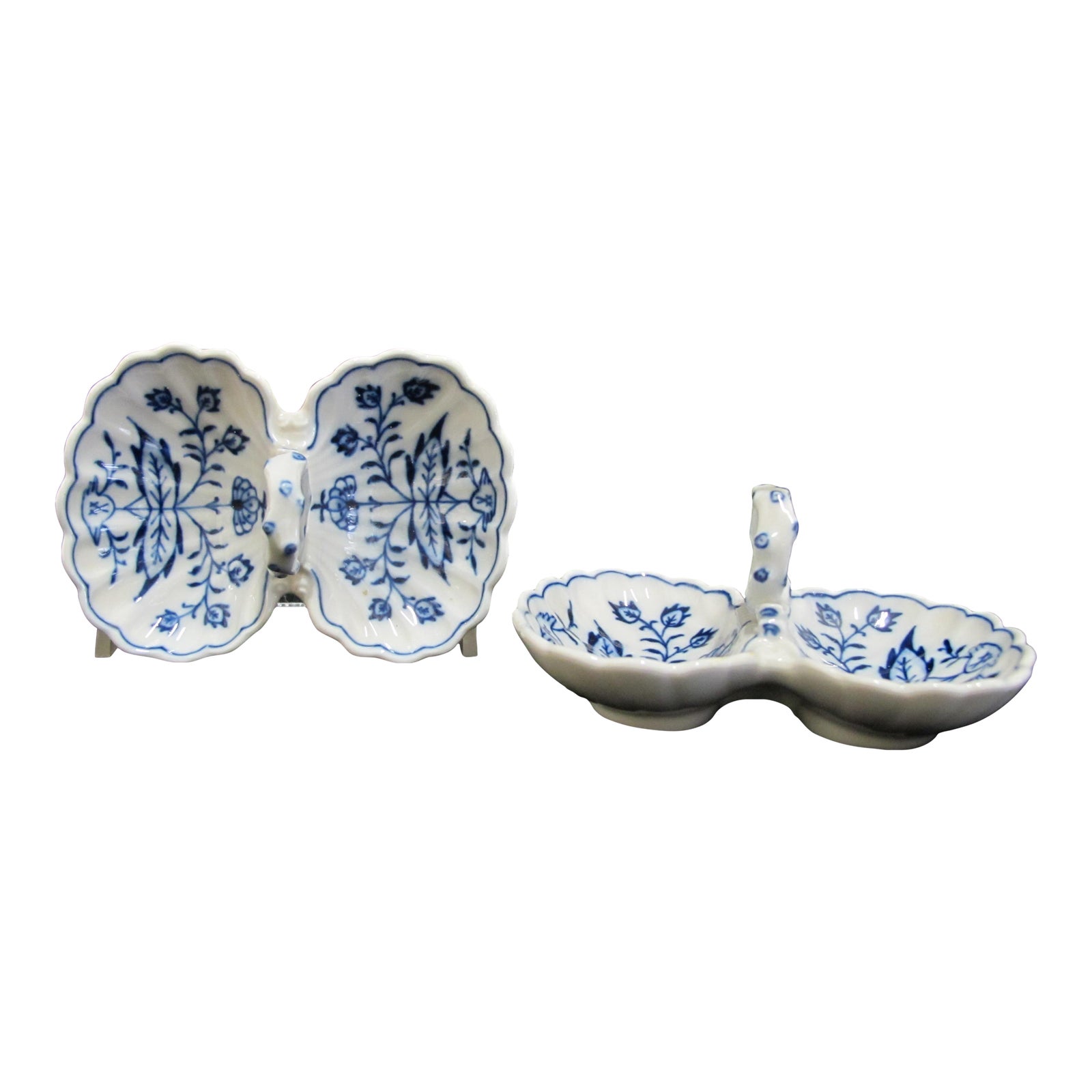 Meissen Porcelain Blue Onion Double Shell Open Salt Cellar Tray