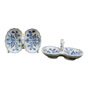 Meissen Porcelain Blue Onion Double Shell Open Salt Cellar Tray With Handle Pair