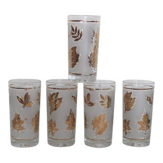 Mid Century Libbey Frosted Golden Foliage Tumblers Cups Set of Five For Sale