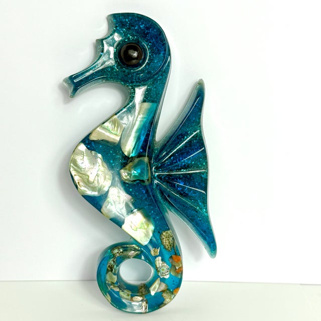 Plastic 1960s MCM Acrylic Lucite Abalone Seahorses, Wall Hangings, Made in the Usa, Set of 3 For Sale - Image 7 of 8