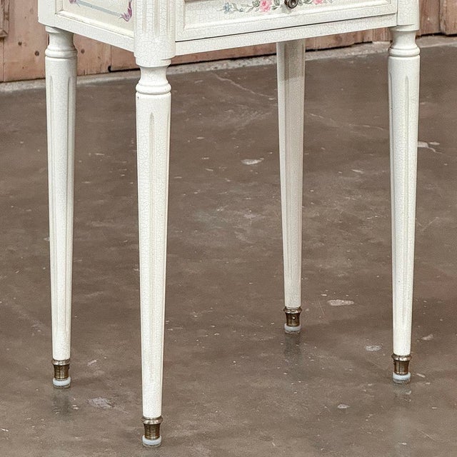 Late 20th Century Pair French Louis XVI Painted Side Tables ~ Nightstands With Carrara Marble For Sale - Image 10 of 18