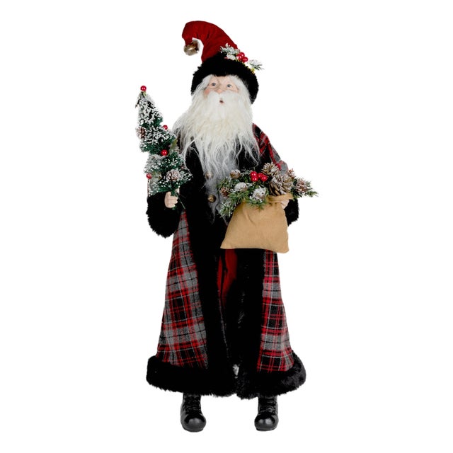Plaid Santa with Frosted Pine Accents 26.5"H For Sale