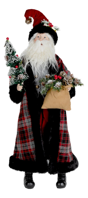 Plaid Santa with Frosted Pine Accents 26.5"H