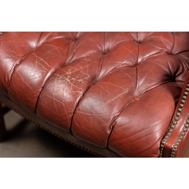 Vintage Wingback Tufted Leather Chesterfield Armchair in Burnt Red For Sale - Image 10 of 16