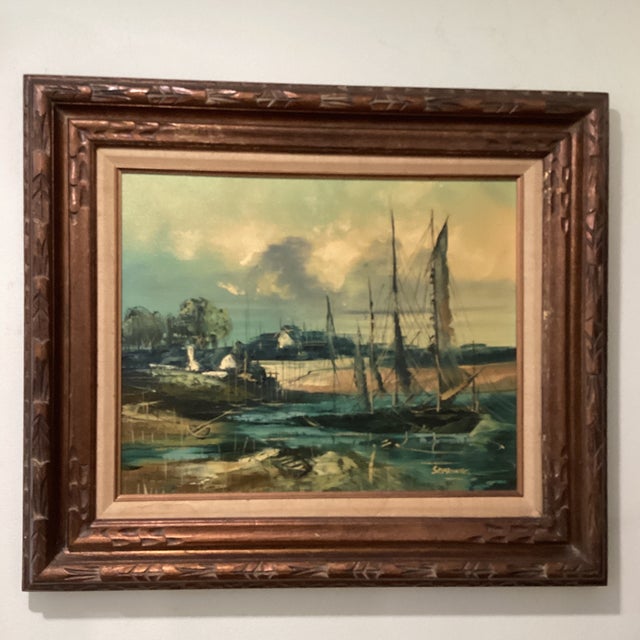 The product is an original painting on canvas from the mid-20th century depicting a nautical ship harbor scene. The...