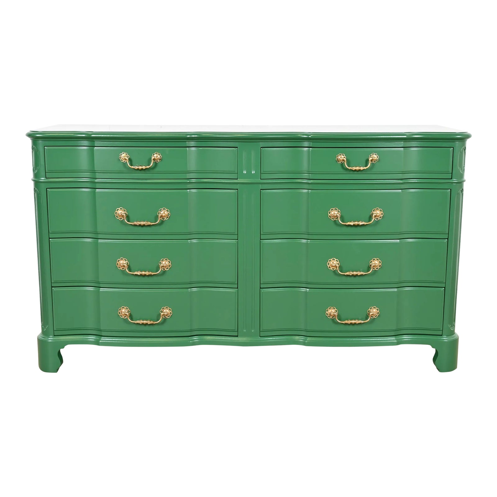 John Widdicomb Georgian Green Lacquered Eight-Drawer Double Dresser, Newly Refinished