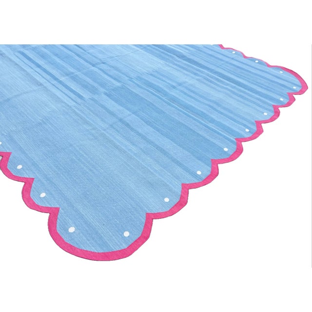 Handmade Cotton Area Four Sided Scalloped Rug Dhurrie Sky Blue and Pink Border-8'x10' For Sale - Image 6 of 10