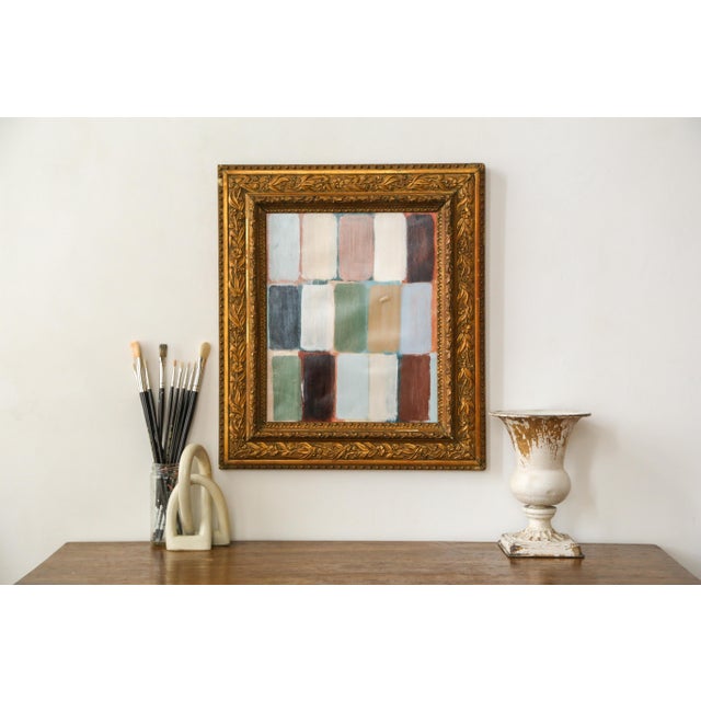 Large, colorful, original abstract painting in a beautiful antique gold bronze frame. This geometric piece has a colorful...