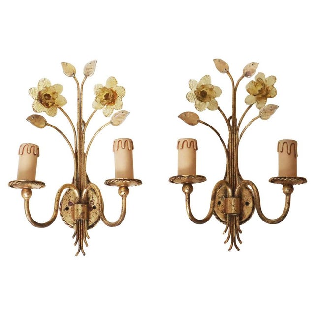 Golden Wall Lamps with Daffodil Flowers Made of Murano Glass, 1960s, Set of 2 For Sale - Image 12 of 12