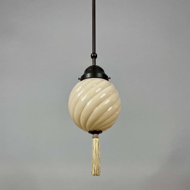 Art Deco Opaline Glass and Burnished Brass Pendants, Germany 1930s, Set of 2 For Sale - Image 14 of 17