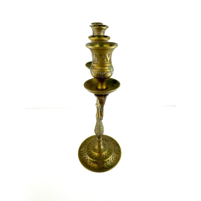 Ornate Vintage Brass Five-Arm Candelabra With Stylized Lions and Hand-Etched Detail For Sale - Image 13 of 16