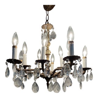 Mid-Century Spanish Brass Chandelier With Crystals For Sale
