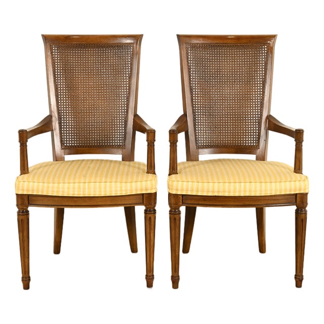 Henredon French Regency Louis XVI Carved Walnut Cane Back Armchairs, Pair For Sale