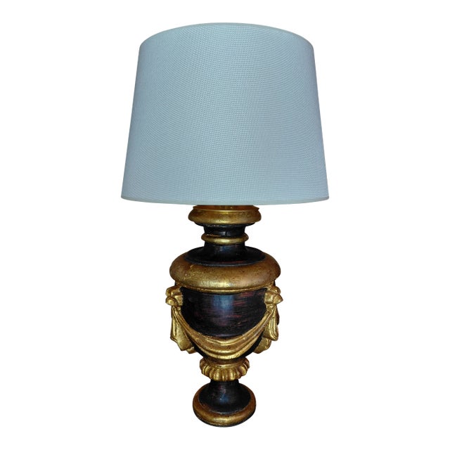 Mid 20th Century Neoclassical Carved Wood Table Lamp With Gilt Swag Detail For Sale