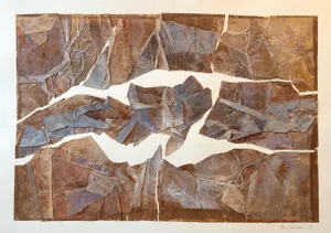 Vera Simons, MIxed Media Collage Assemblage Abstract Expressionist Painting Female Aviator, 1985