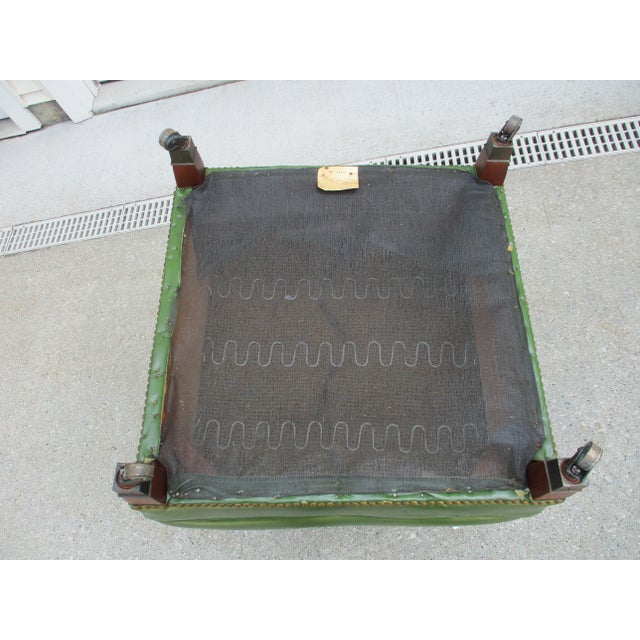 50s Square Olive Green Vinyl Footstool Brass Tacks and Casters For Sale - Image 9 of 11