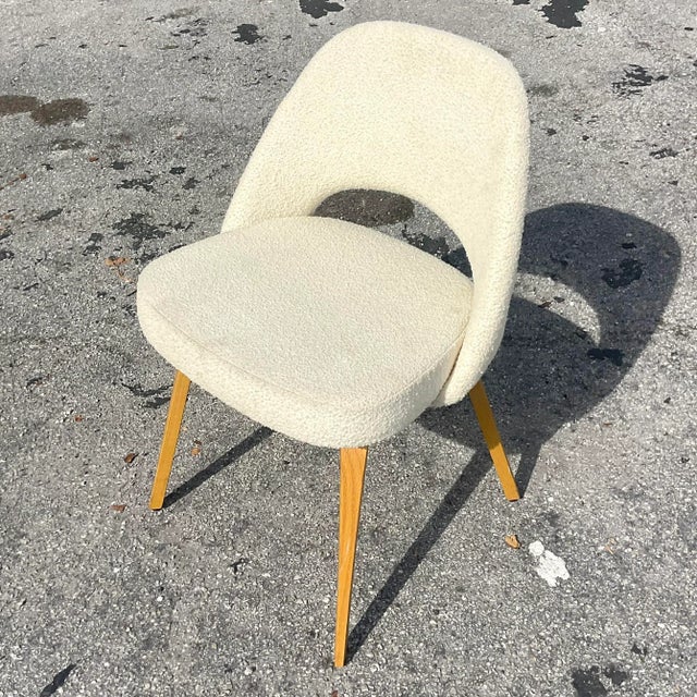 Wood Vintage Boho Saarinen for Knoll Executive Armless Boucle Chair For Sale - Image 7 of 10
