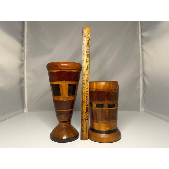 Wood Folk Art Parquetry Vases: 20th Century American Pair For Sale - Image 7 of 8