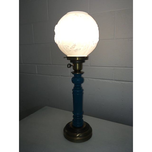 Mid-Century Globe Table Lamp With Rose Embossed Milk Glass Diffuser With Shade For Sale - Image 11 of 13