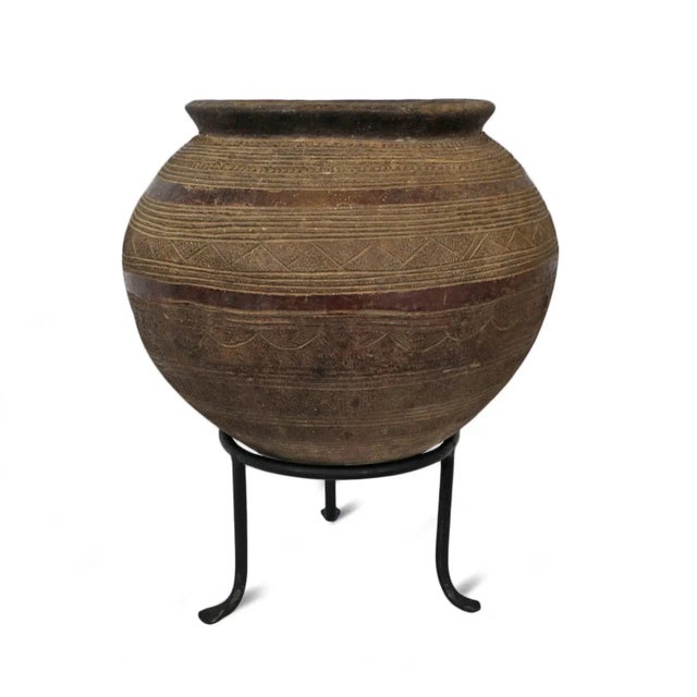 Beautiful vintage Bida water vessel on iron stand. Hand crafted old terra cotta water storage pot with hand carved design...