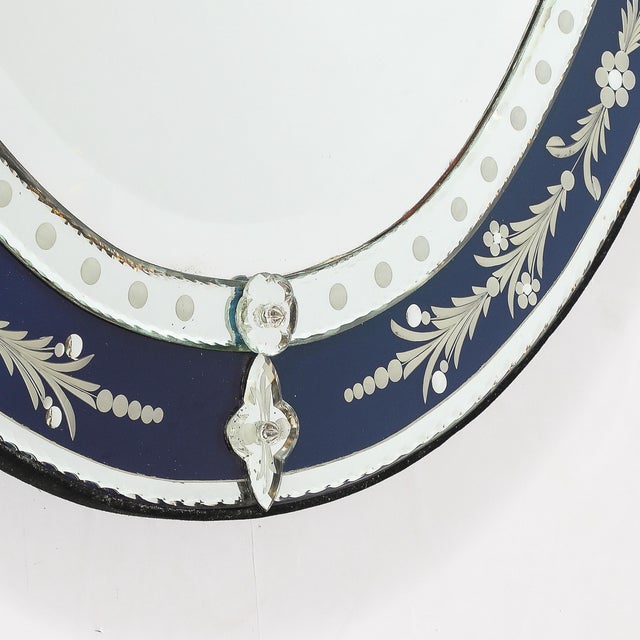 Mid-Century Venetian Glass Reverse-Etched Oval Mirror W/ Sapphire Blue Border For Sale - Image 9 of 16