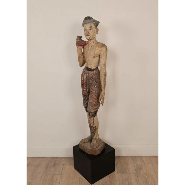 19th Century Southeast Asian Tall Painted & Carved Wood Figure of a Man For Sale In San Francisco - Image 6 of 9