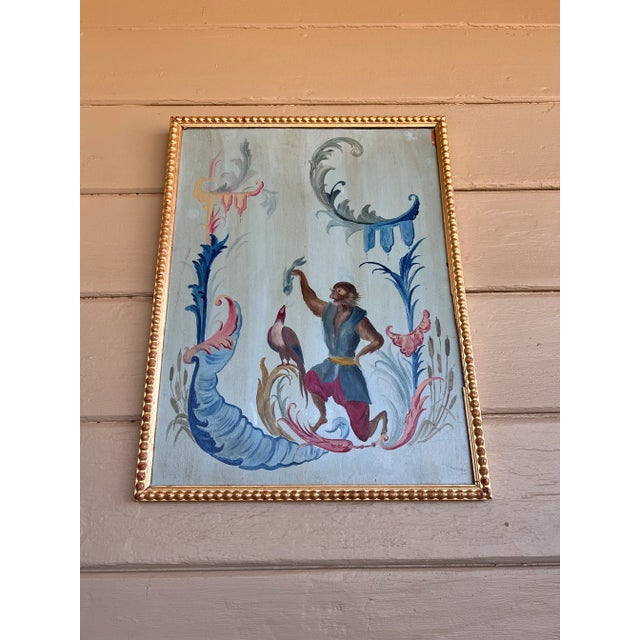 Chinoiserie Chic Style Oil on Wood Painting of a Monkey Feeding a Bird in Giltwood Frame For Sale - Image 9 of 9