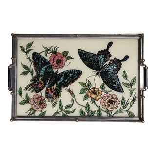Art Deco Period Reverse Painted Tray With Butterfly's and Flowers C 1930/40's For Sale
