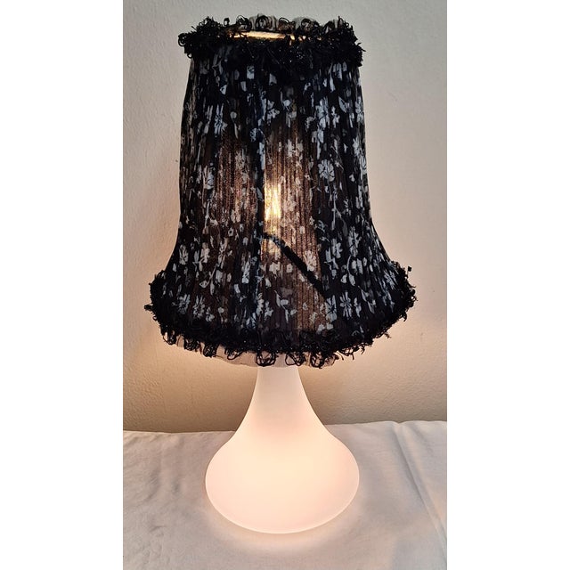 Vintage Table Lamp with Internally Lit White Opaque Glass Base with Stainless Steel Mount and Handmade Fabric Shade by Lamplove, 1990s For Sale - Image 3 of 8
