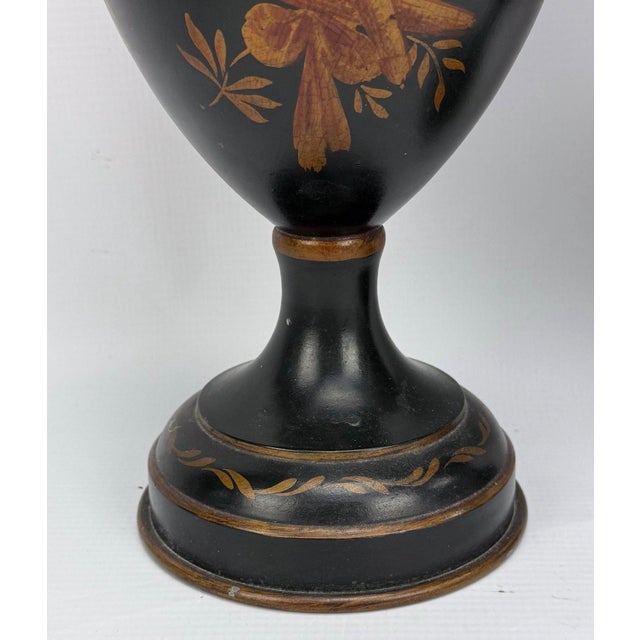 Metal Pair of Vintage Neoclassical Painted Toleware Lidded Urns With Lion Mask Handles For Sale - Image 7 of 12