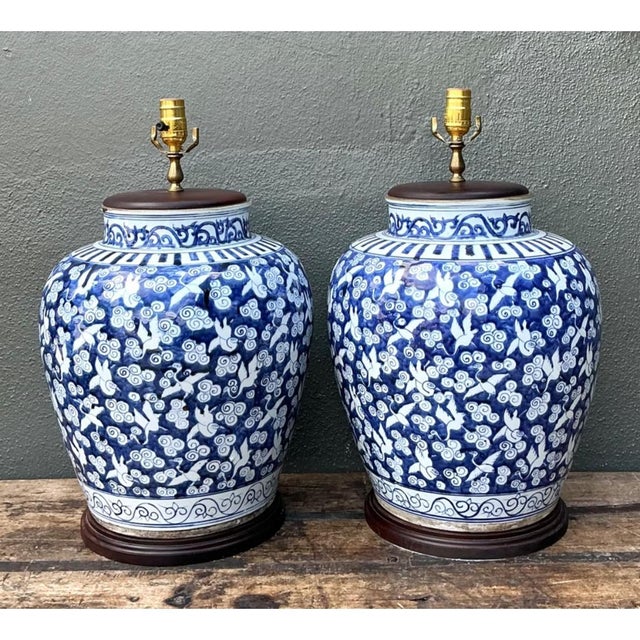 Wood Vintage Monumental Ceramic Ginger Jar Table Lamps - Pair For Sale - Image 7 of 12