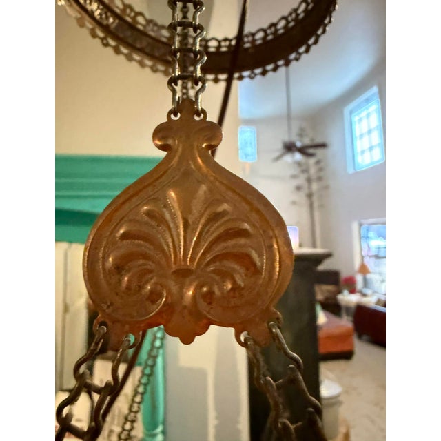 Antique Victorian Floral Painted Glass & Brass Hanging Chandelier With Crystal Prisms For Sale In Phoenix - Image 6 of 16