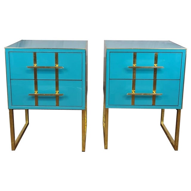 Light Blue Murano Glass Bedside Tables in Brass and Gray Velvet from Justfurnituress SRL, Set of 2 For Sale - Image 10 of 10