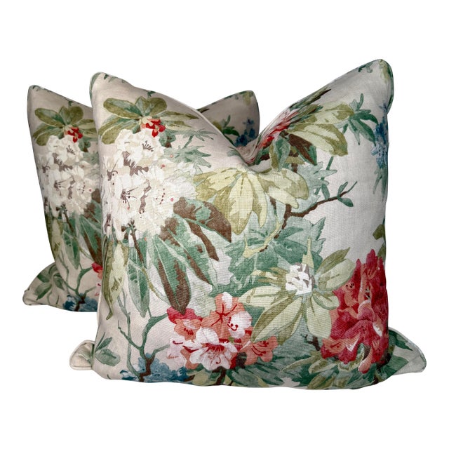 Colefax & Fowler "Mereworth" in Tomato/Olive 22" Pillows-a Pair For Sale