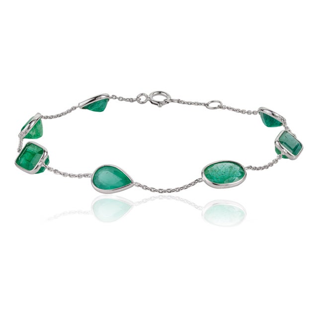 Vivid 2.84ct Emerald Multi-Shape Station Chain Bracelet in 14k White Gold For Sale