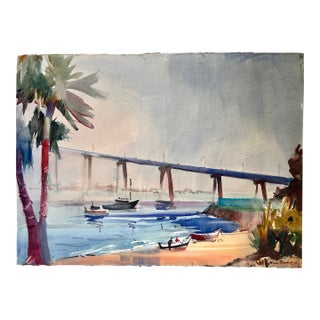 Large Signed California Impressionist Watercolor Seascape For Sale